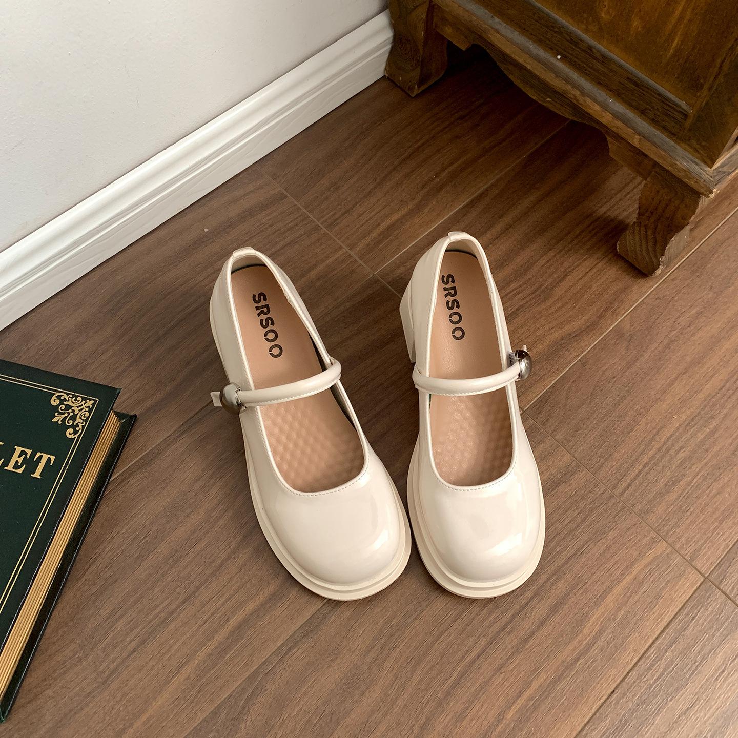 

Модные легкие ретро черные в британском стиле толстые туфли на высоком каблуке из маленькой кожи женские 2025 новые туфли-лодочки Мэри Джейн для юбки 39 бежевый