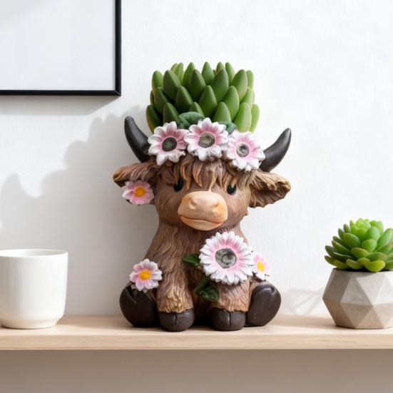 Highland Cow Vase Cute Cow And Flower Resin Vase Decorative Planter Without Drain Hole for Plants Flowers Home Outdoor Indoor Decor