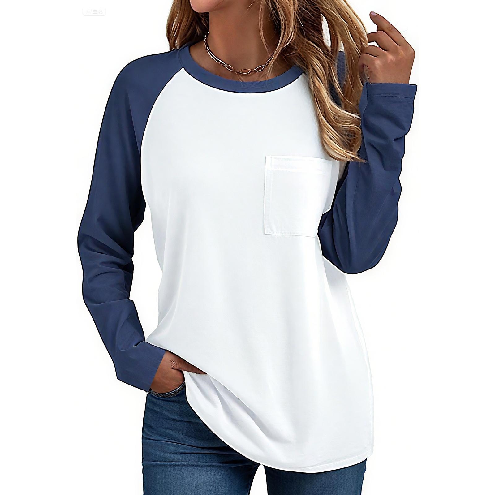

Women s T-shirt Solid Color Round Neck Pocket Long Sleeved Top S синий