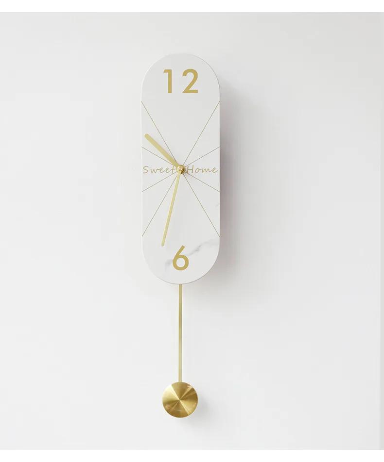 

White Swing Silent Wall Clock Oval Panel Living Room Modern Design Home Decor European Style Marble Pattern Rock Plate