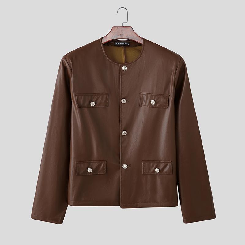 

INCERUN Autumn Men Collarless Long Sleeve Buttons Leather PU Casual Loose Coats Jackets 4XL
