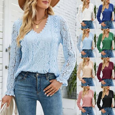 Top cu mânecă lungă din dantelă, ocazional, de damă, de culoare uni, tricot sexy, cu decolteu în V