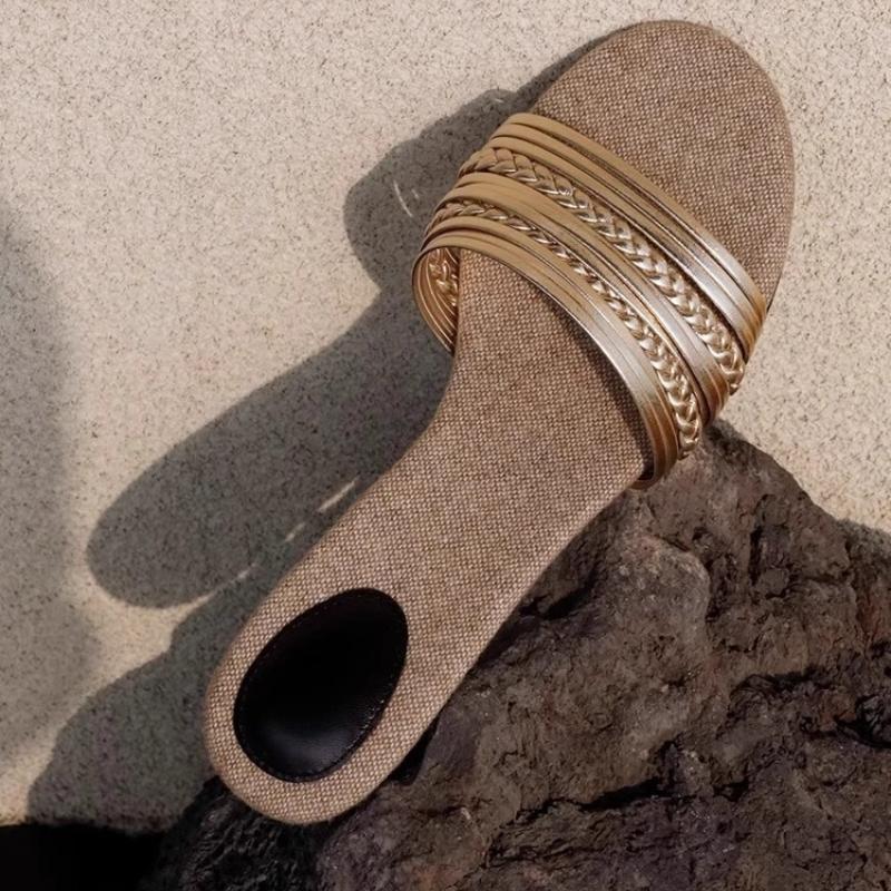 Módní 2025 Nové letní dámské pantofle s kulatou špičkou, popruhy na tenkém a nízkém podpatku, módní párty pantofle