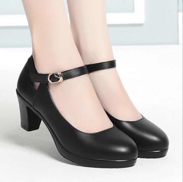 Genuine Leather Shoes Women Round Toe Platform Pumps Sapato Feminino High Heels Fashion Ladies Black Work Shoes Plus Size 34-42