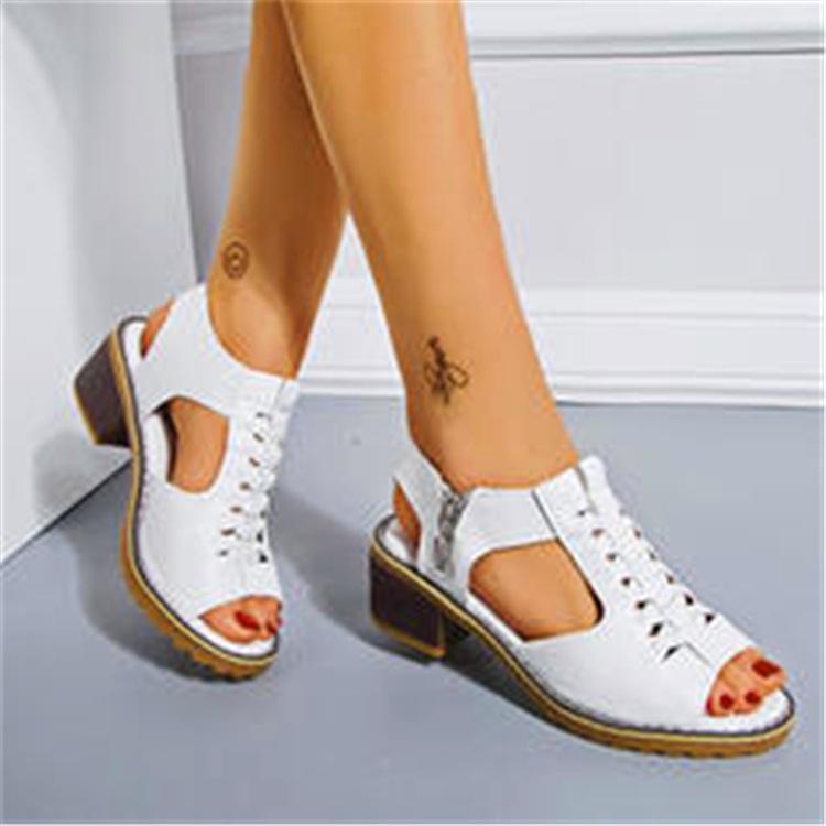 2021 Summer Women's Korean-Style Round Toe Chunky Heel Sandals with Side Zipper - Casual, Solid Color, Plus Size