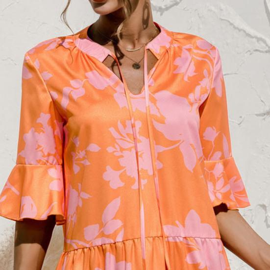 Women's Summer Mini Dress Puff Short Sleeve V Neck Pleated Dress Boho