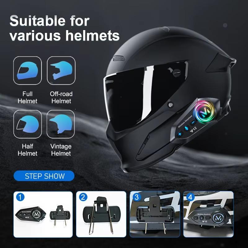Motorcycle Helmet Bluetooth Headset with RGB Light Effect, Long Battery Life, FM Radio