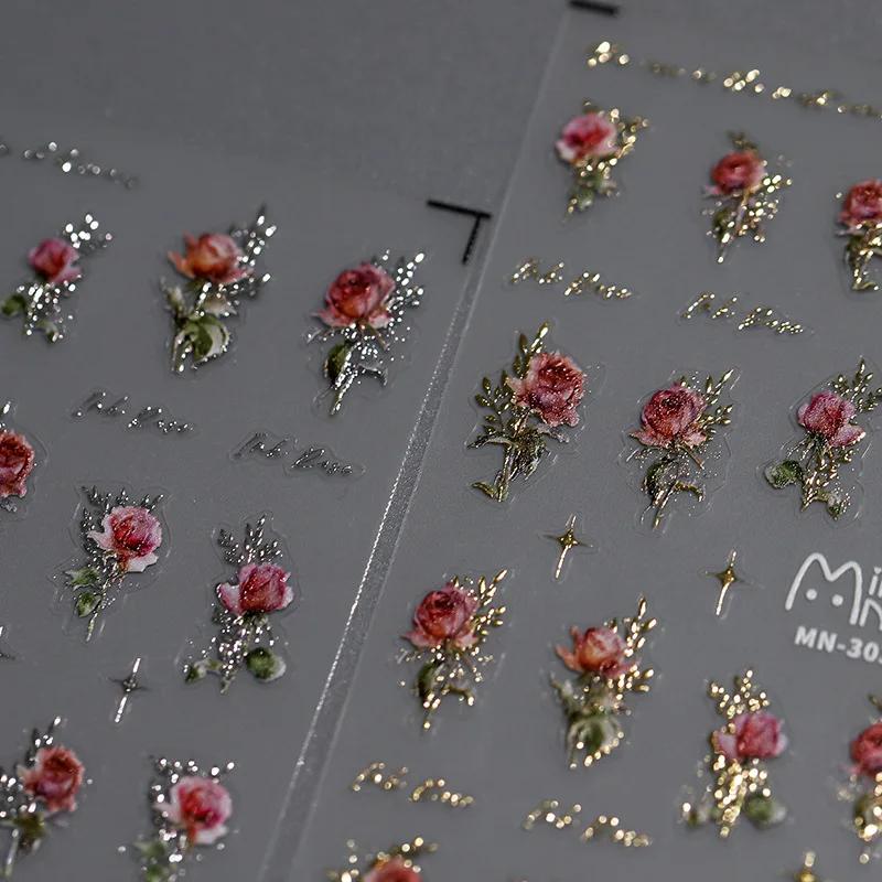 Gold Silver Pink Red Rose Flowers 3D Self Adhesive Nail Art Decorations Stickers High Quality Fashion Manicure Decals