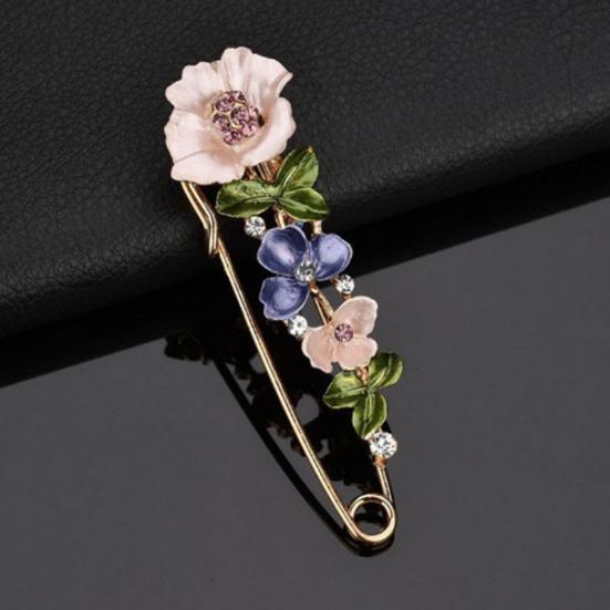 Brooch Pin 3D Flower Decor Scarf Pin with Rhinestone Inlay Thick Stable Lock Anti-exposure Suits Coats Sweaters Pin