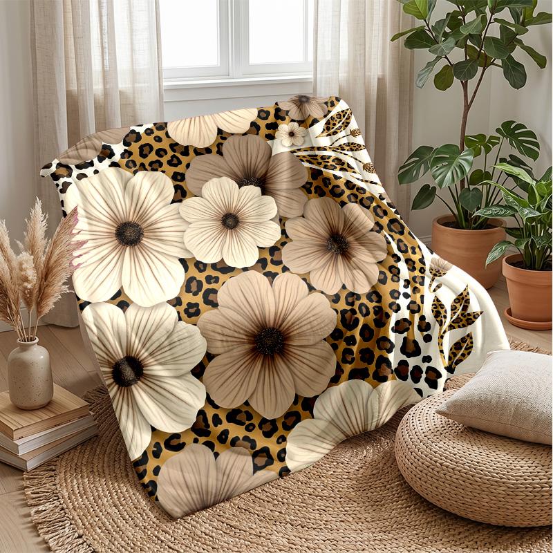 Floral Leopard Ribbon Theme Blanket Lightweight Warm Flannel Blanket Decorative Throw Blanket for Home Decoration