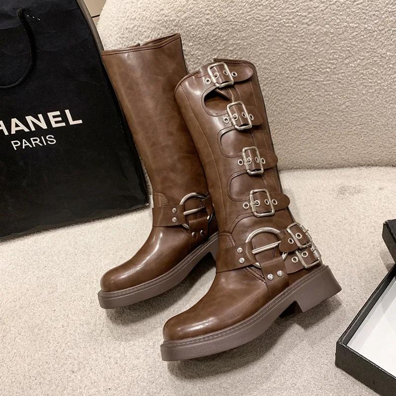 Womens Knee-high Boots Fashion Western Cowboy Boots Casual Leather Boots for Women Belt Buckle Punk Boot Mid Calf Boot