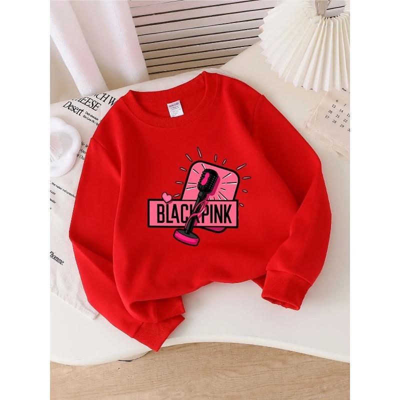Kids Sweatshirt Crewneck Sweatshirt , Black Pink Microphone Heart Logo, Cute Print, Soft Casual, Easy-Care, Regular Fit, Perfect for Spring/Fall 110 красный