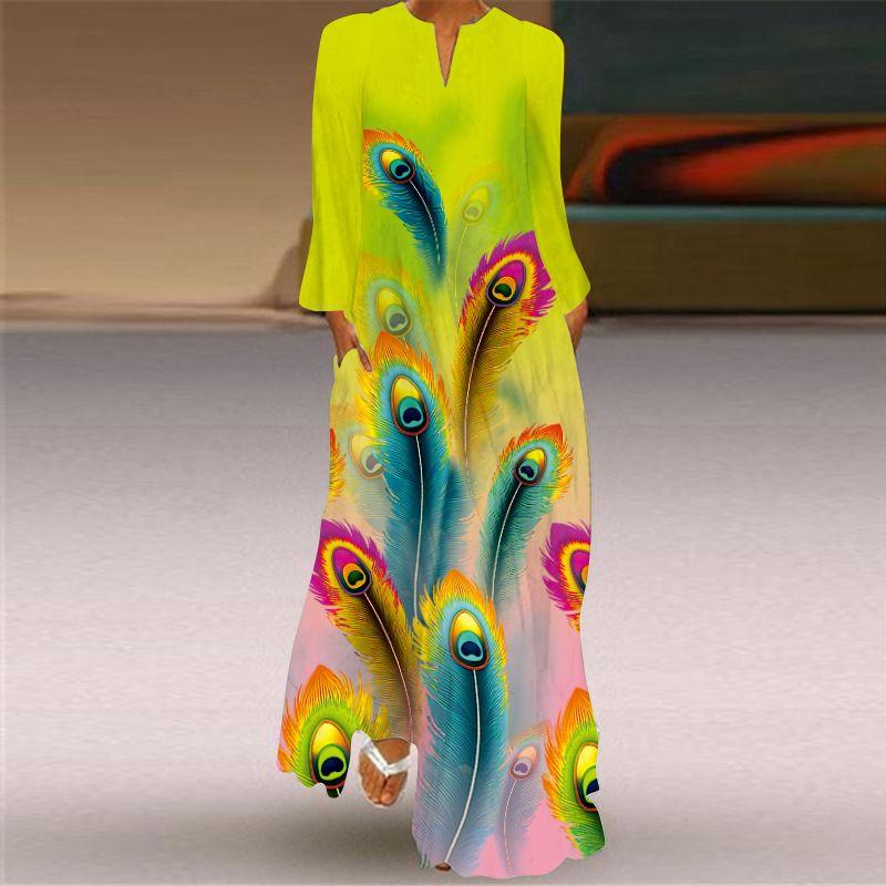 2025 Spring and Summer Fashion New Women's Retro Butterfly Print Long Dress Chiffon V Neck Long Sleeves Pocket Dress