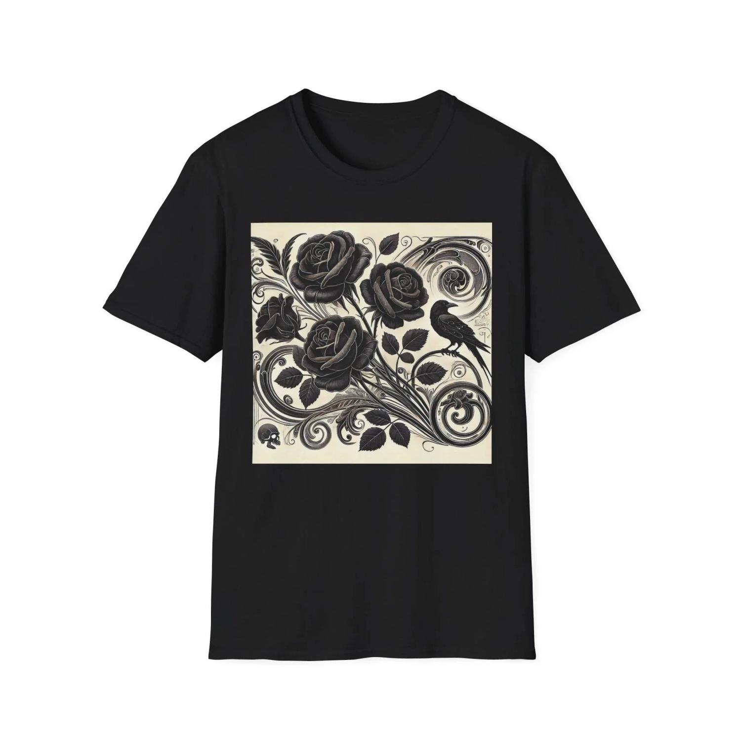 

Art Nouveau Black Roses & Crow Unisex Softstyle T-Shirt Shirt Elegant Florals Tee Vintage Style Top Halloween Apparel Tops S чёрный