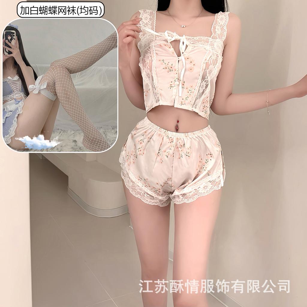 Crispy Sexy Sweet and Spicy Women's Summer Ice Silk Thin Pure Desire Suspender Shorts Two-piece Set Lace Temptation Set