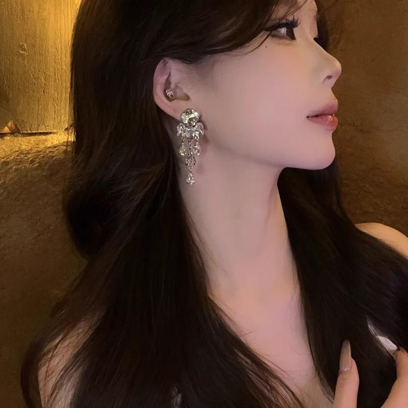European and American new exaggerated fringed earrings women's s911 silver needle trendy fashion water drop banquet flash diamond stud earrings