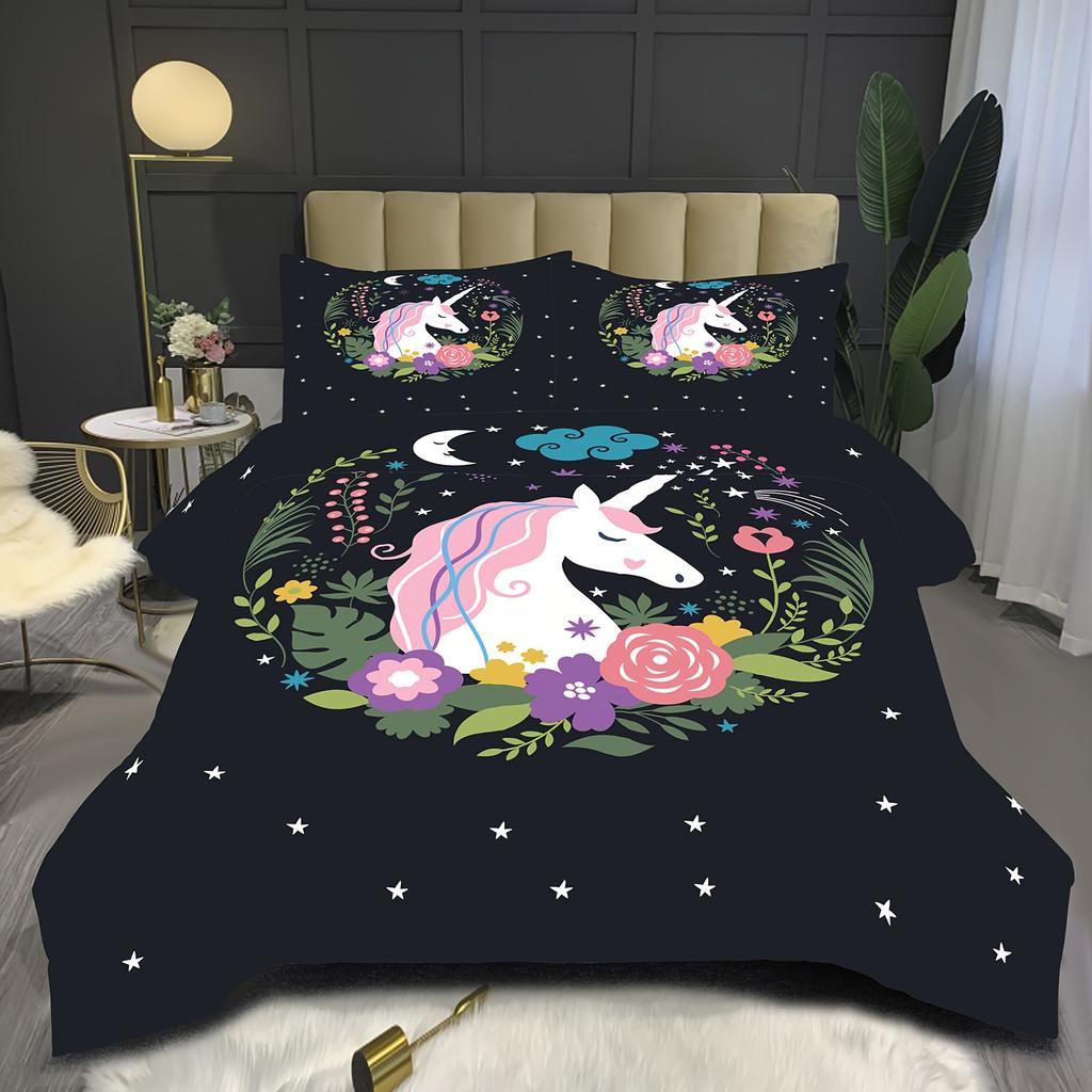 Modern Minimalist Night Sky Unicorn Duvet Cover Set - Soft Polyester, Washable, All-Season Comforter with Vibrant Starry Design