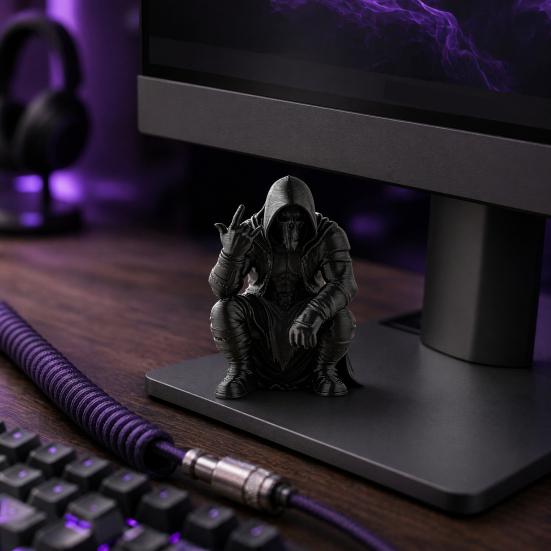 3D Printed Mini Hooded Skull Figurine, Dark Style Desktop Ornament, Cool Rock Gesture Skeleton Decor for Study Room E-Sports Room