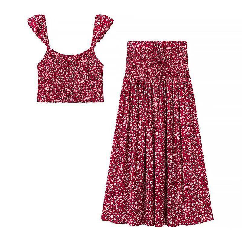 Romantic Flower Sea French style High-Grade Sense Retro Floral Slimming Sling Top + Skirt Seaside Holiday Style Set
