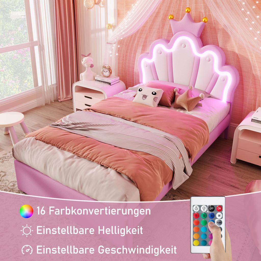 Children's Bed Girls Crown Single Bed with Adjustable Headboard, LED Strip, Slat Base and 2 Drawers, Made of PU Leather  (without Mattress), Pink