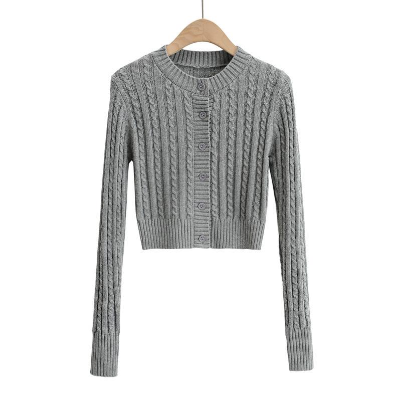 European & American Style Solid Color Cable Knit Cardigan - Round Neck, Single-Breasted, Long Sleeve Top for Women