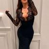 2026 Spring Elegant European-Style Lace Patchwork Deep V-Neck Slim Fit Long Sleeve Dress for Women