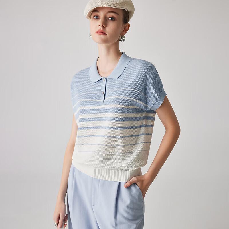 Women's Mulberry Silk Striped Polo Knit T-Shirt