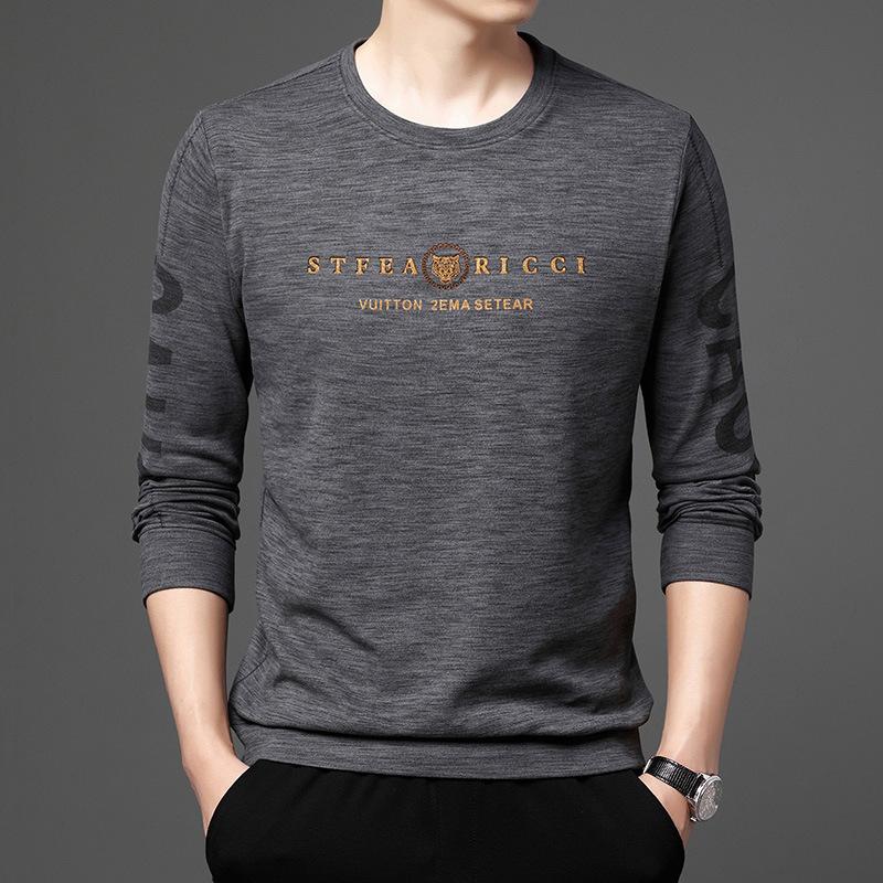 Camiseta Masculina de Manga Comprida para Primavera e Outono, Juvenil Casual, Gola Redonda, Estampa de Letras, Suéter, Roupa Masculina