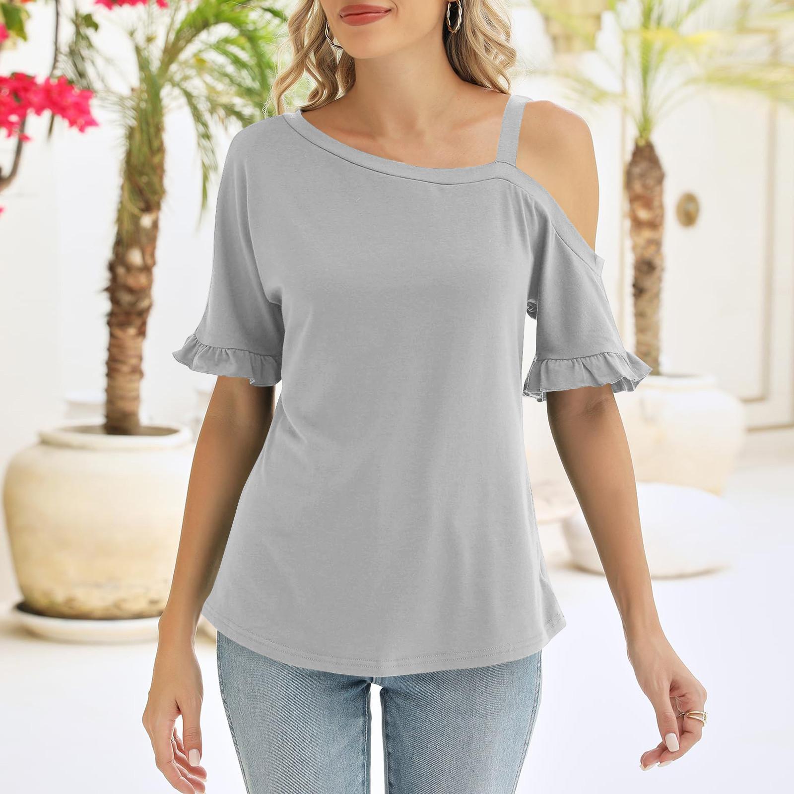 

Женские топы, рубашки с короткими рукавами, воротник-бато, свободные повседневные рубашки, однотонные футболки с рюшами на рукавах с принтом XL