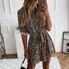 Shirt Dress Leopard Print Roll Up Sleeve Women Waist Tie Lapel Dress for Dating