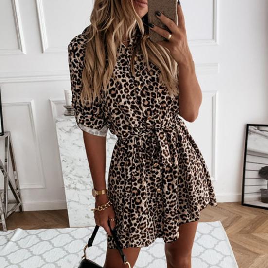 Shirt Dress Leopard Print Roll Up Sleeve Women Waist Tie Lapel Dress for Dating