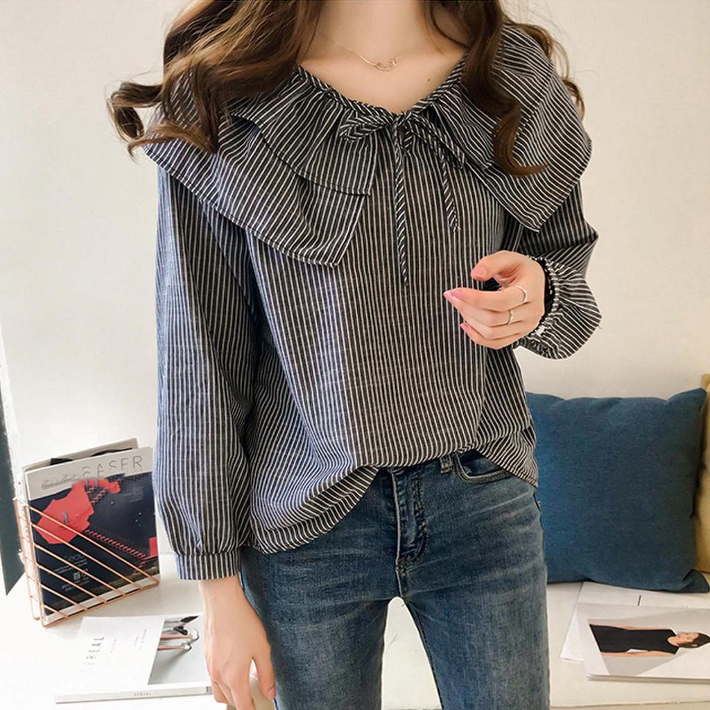 Fashion Women Casual Striped Ladies Long Sleeve Ruffles Loose Tops