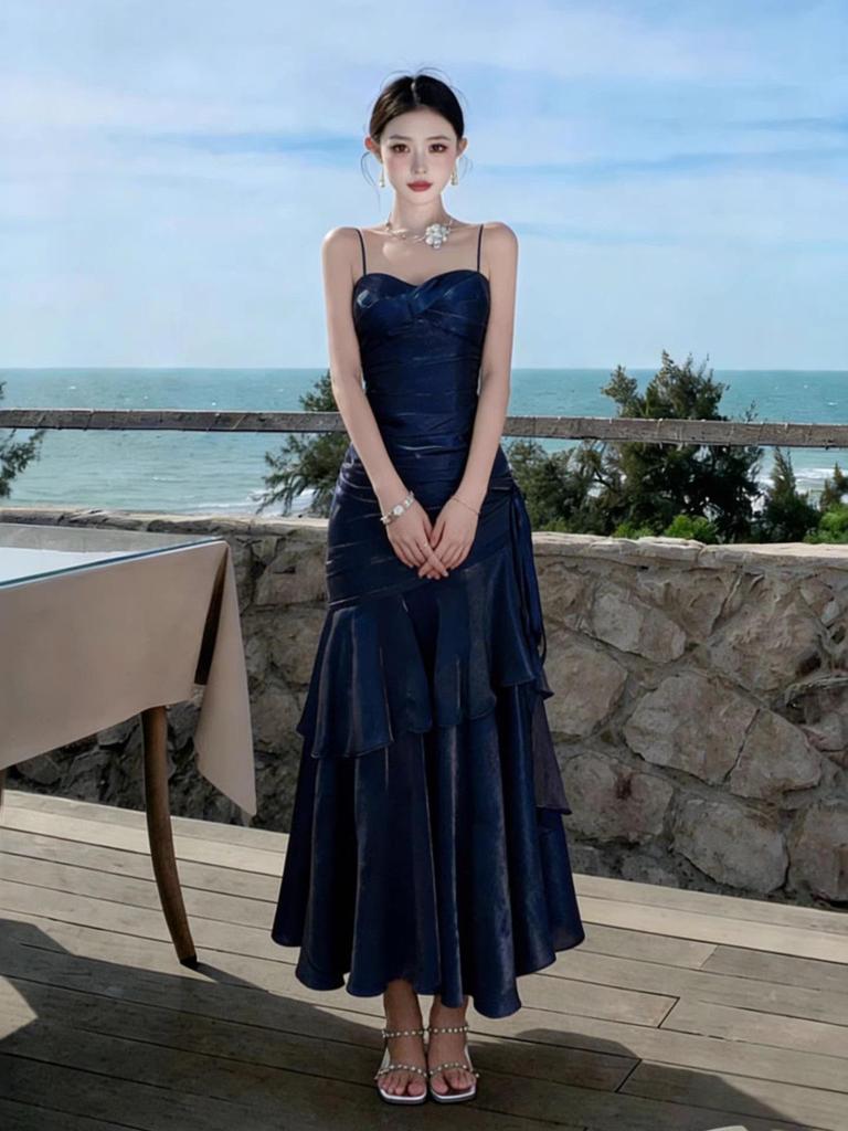 Sanya French Seaside Spaghetti Strap Ruffled Vacation Dress
