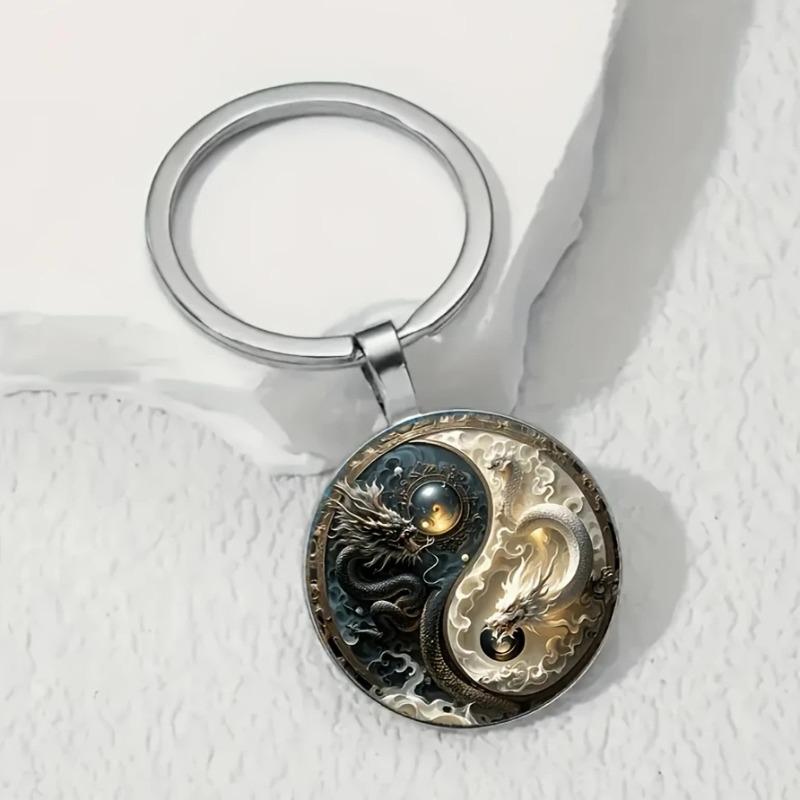 Yinyang Dragon Keychain - Elegant Alloy Round Pendant, Black and White Dragon Design, Ornament