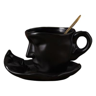 Mug and Saucer Set 250ml Heatproof Ceramic Human Face Coffee Mug with Spoon Retro Frosted Cup for Table Decoration Emboss Mug for Dormitory Home Cafe