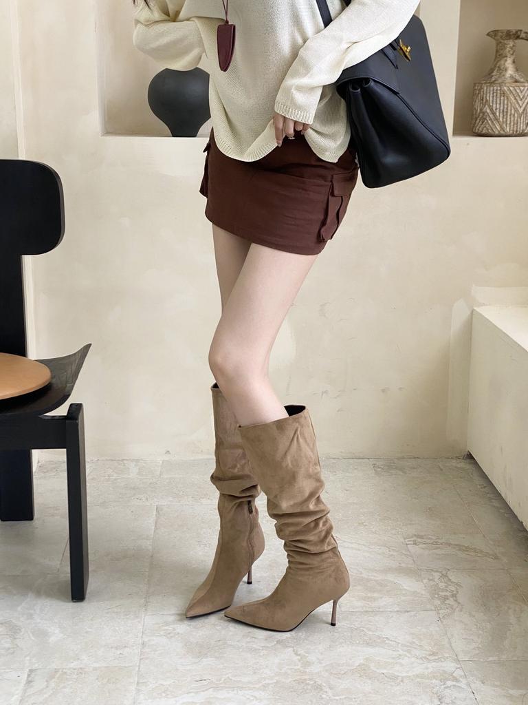 2025 autumn and winter new big tube heap boots pointed boots women's thin heel high boots high heel thick leg knee boots