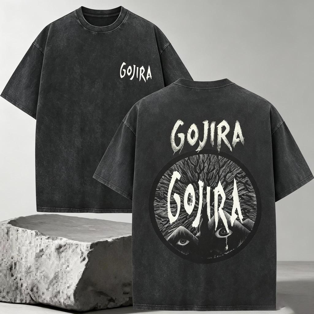 Metallband Grafik Vintage T-Shirt, Schnee-Waschung Distressed Kurzarm, Gojira Ästhetik Oversized Tee