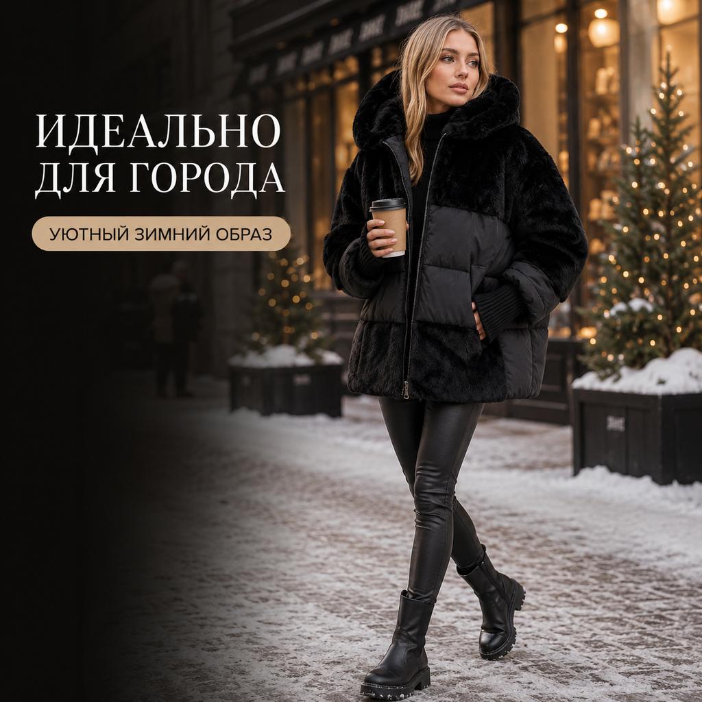 Warme Damen Winterjacke mit Kunstfell-Einsätzen, Kapuzen-Parka mit lockerer Passform, gesteppt, mit Strickbündchen an den Ärmeln, Reißverschluss, Patchwork-Mantel