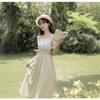 Summer new French temperament medium and long square collar design sense niche elastic waist thin dress women