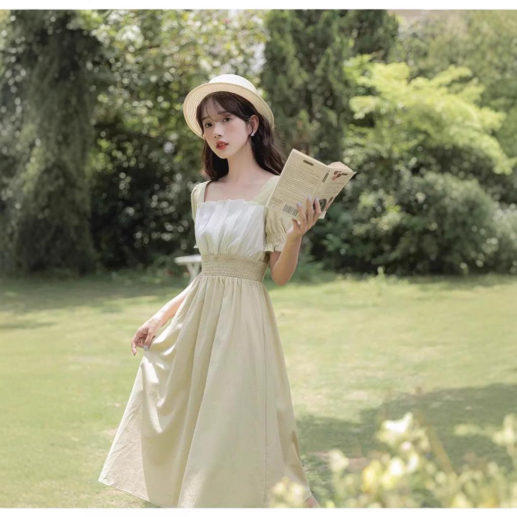 Summer new French temperament medium and long square collar design sense niche elastic waist thin dress women