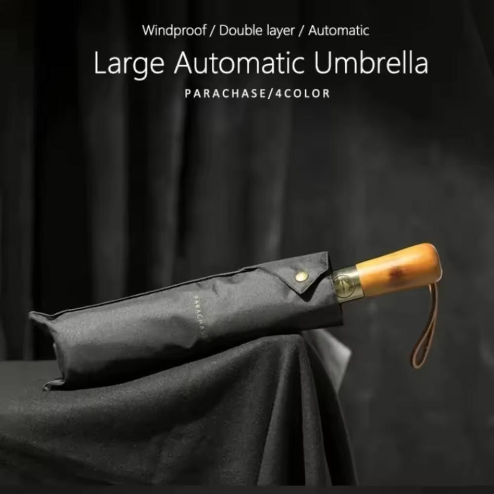 Automatischer Faltbarer Regenschirm Retro Holzgriff Winddicht Vergrößerte Schirmfläche Herren Golf Sonnenschirm Neuer Geschäftsregenschirm