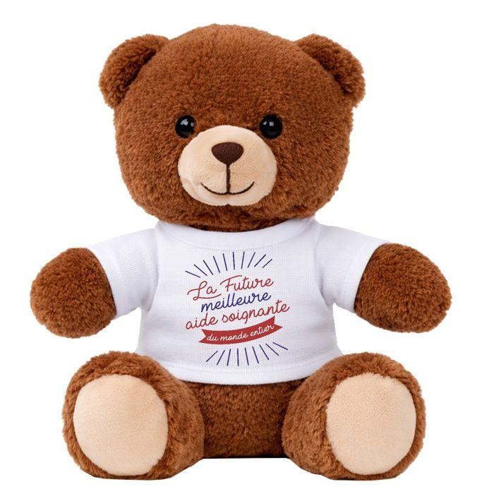 Peluche ours - PLANETEE - Nunours Future meilleure Aide Soignante - 18 cm - T-shirt imprimé - Polyester moelleux