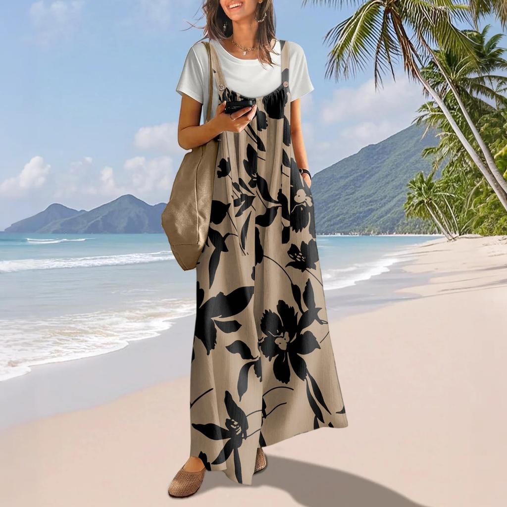 Casual Wide Leg Jumpsuits For Women Boho Floral Pleated Overalls Rompers Summer Outfits With Pockets