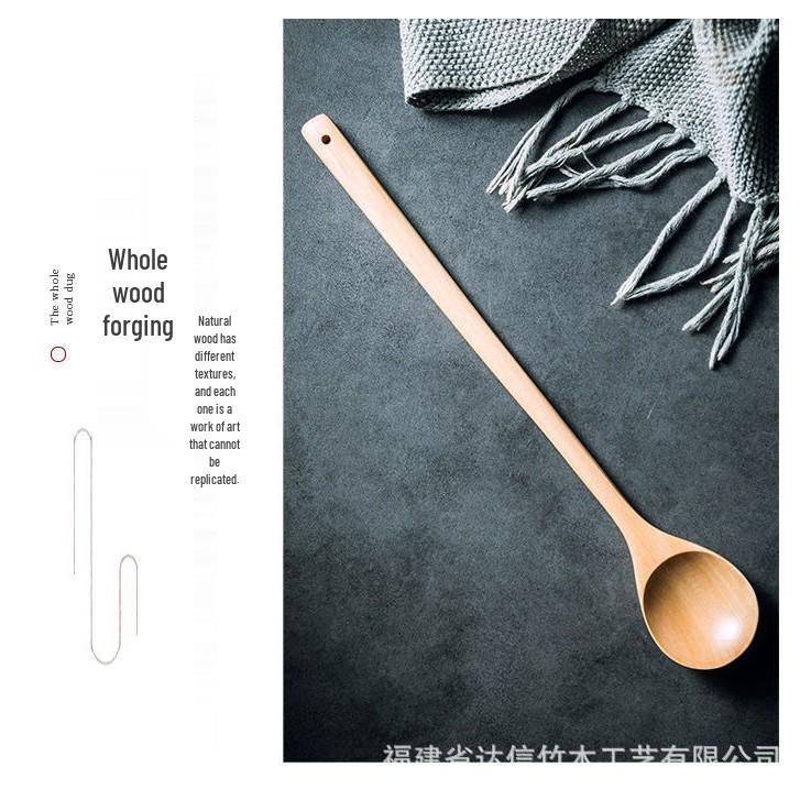 Food-Grade Wooden Spoon with Extended Handle - Anti-Scalding, Ideal for Mixing in Rice Cookers & Milk Pots, Engravable.