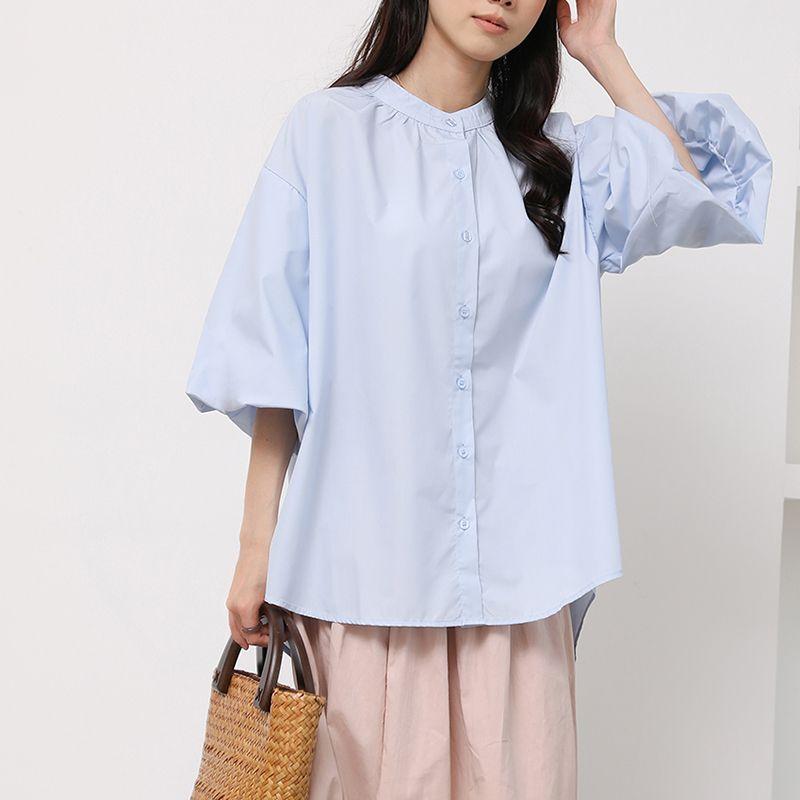 

K-style Summer New Arrival Stand Collar Solid Color Girl Idle Style Single Breasted Minimalist Half Length Puff Sleeve Shirt Tops Women Dark Blue L