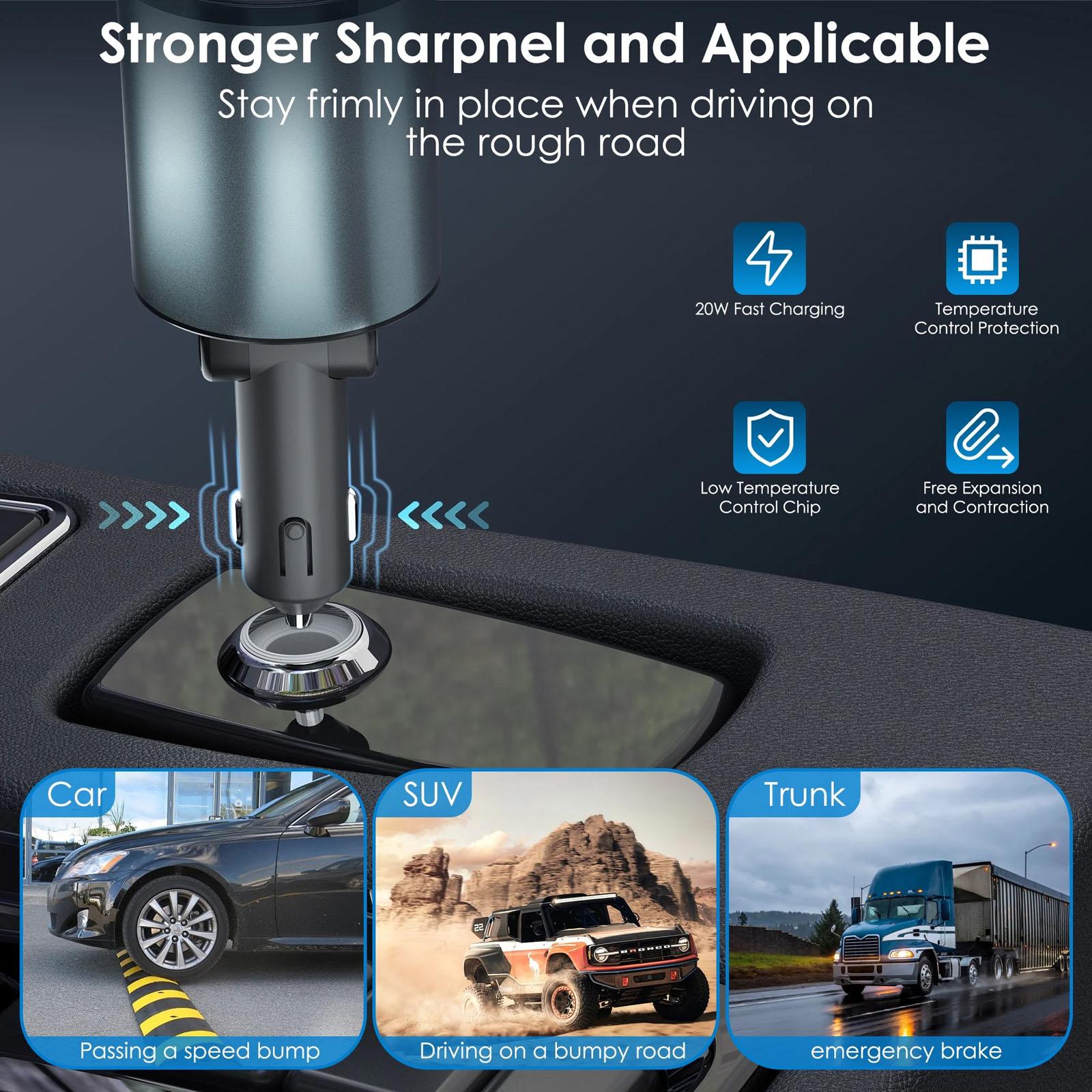 

Автомобильное зарядное устройство поддерживает быструю зарядку, имеет выдвижной кабель, зарядку через гнездо прикуривателя. One Size