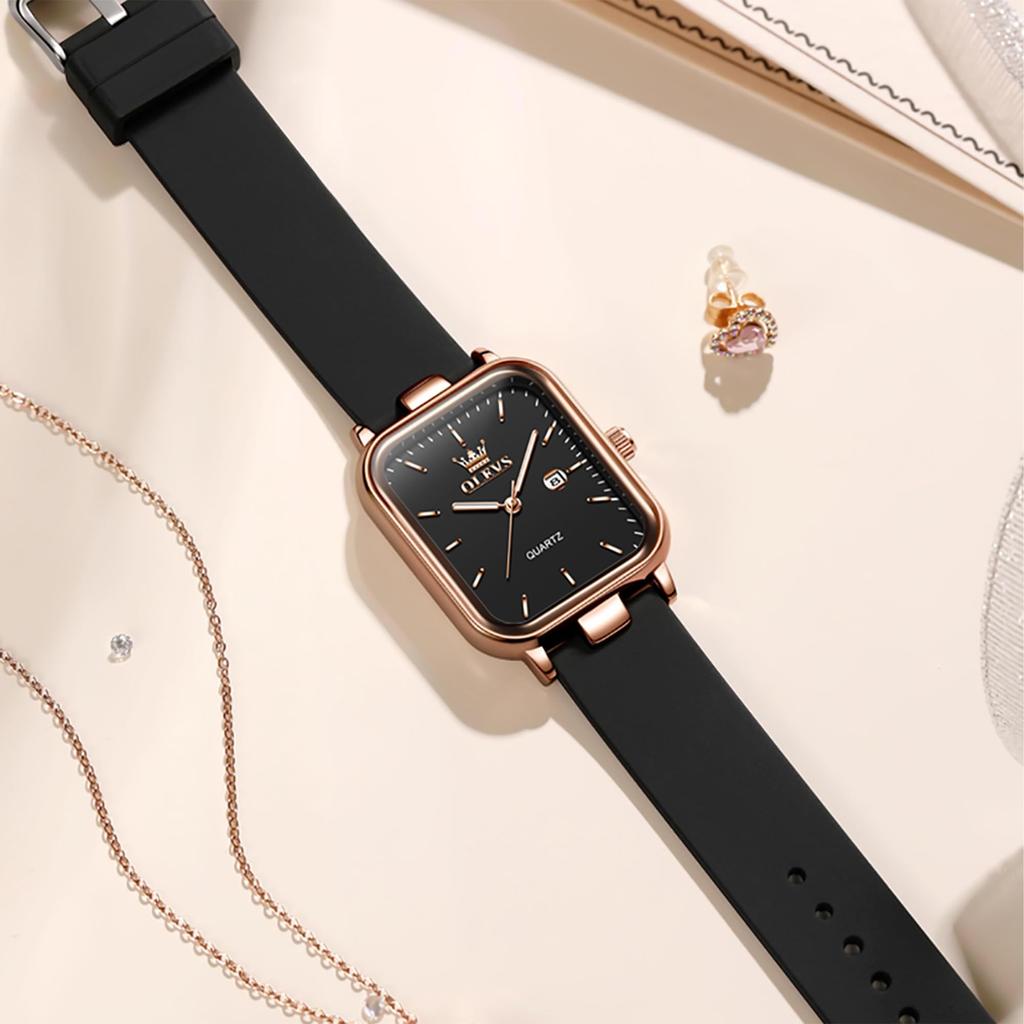 OLEVS Silicone Classic Quartz Gift for Women's Watch, Band, Watch, Elegant, Popular, Stylish, Women, Rosegold-Black