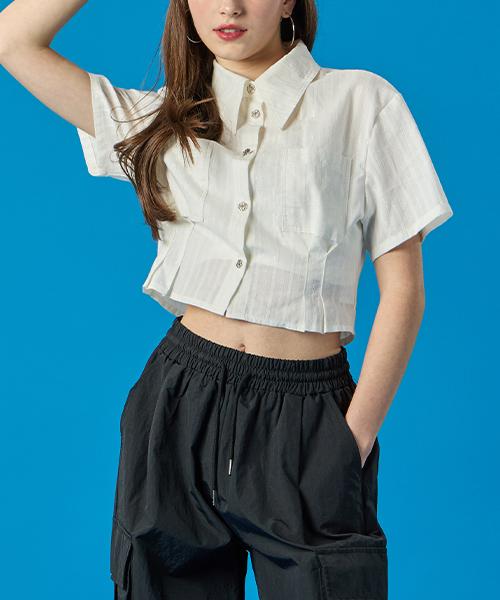 KOLEAT Women Summer Chic Lace Crop Slim Short Sleeve Shirt [White] Silver Button Ver.