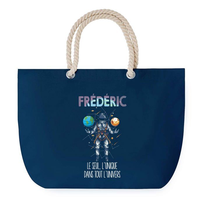 Sac de plage - PLANETEE - Bleu anse corde personnalisé (Frédéric) - Grand format - Anse corde solide - Coton, Made in France