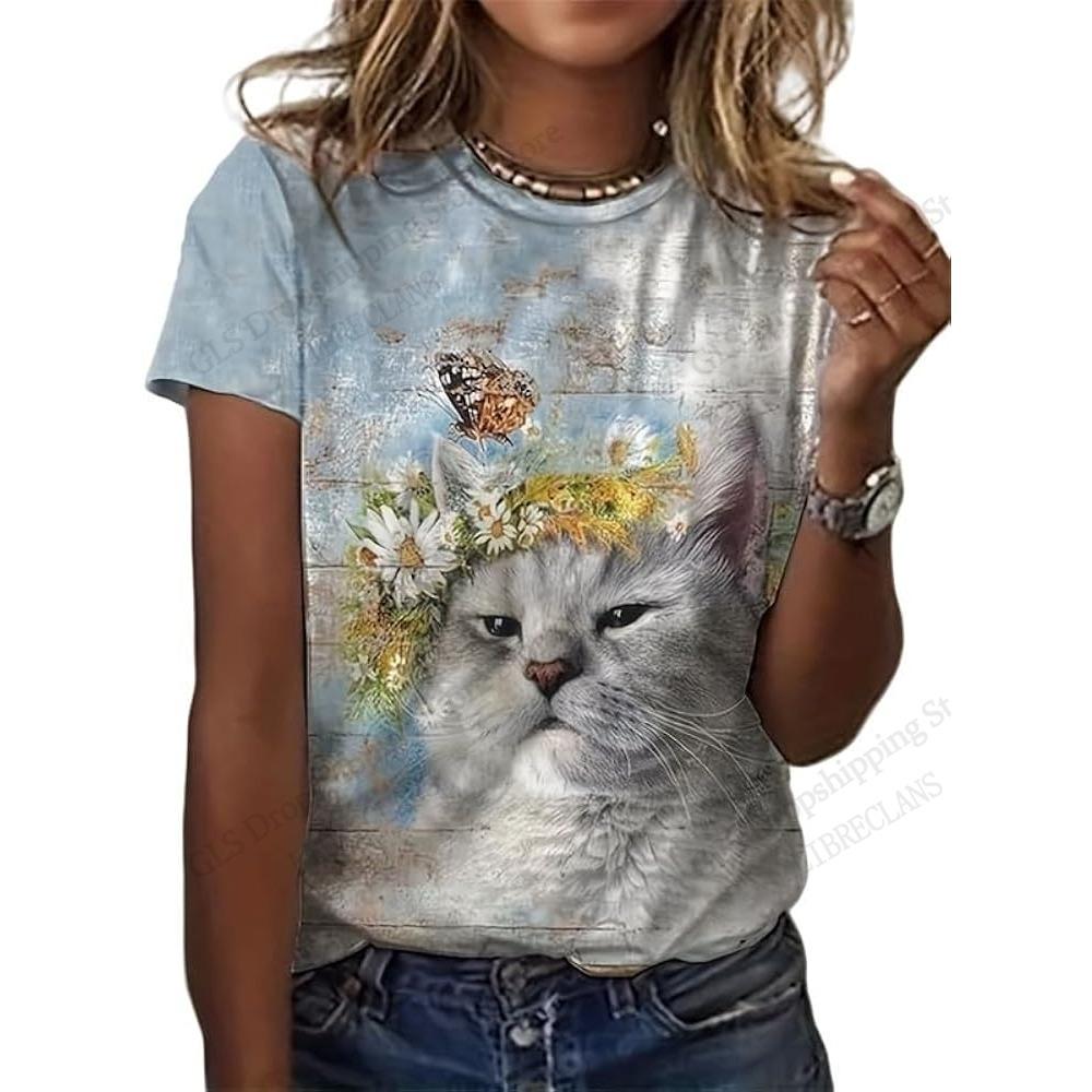 T-Shirt Cartoon Süßes Tier Katze Hübsch 3D-Druck T-Shirt Damen Mode Kurzarm Lässige Tops T-Shirts Damenbekleidung